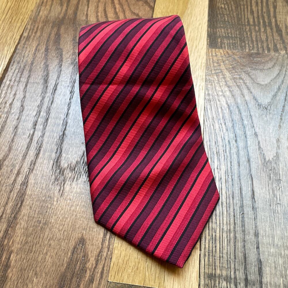 Bijoux Terner Men's 100% Silk Tie Red Burgundy Black Striped Handmade 60"